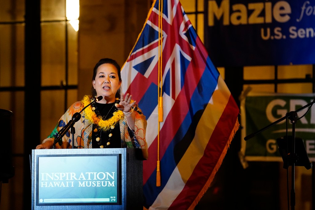 U.S. Rep. Jill Tokuda speaks during the Democrats election night watch party Tuesday, Nov. 5, 2024, in Honolulu. (Kevin Fujii/Civil Beat/2024)