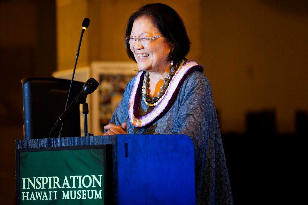 U.S. Sen. Mazie Hirono speaks during the Democrat election night watch party Tuesday, Nov. 5, 2024, in Honolulu. (Kevin Fujii/Civil Beat/2024)