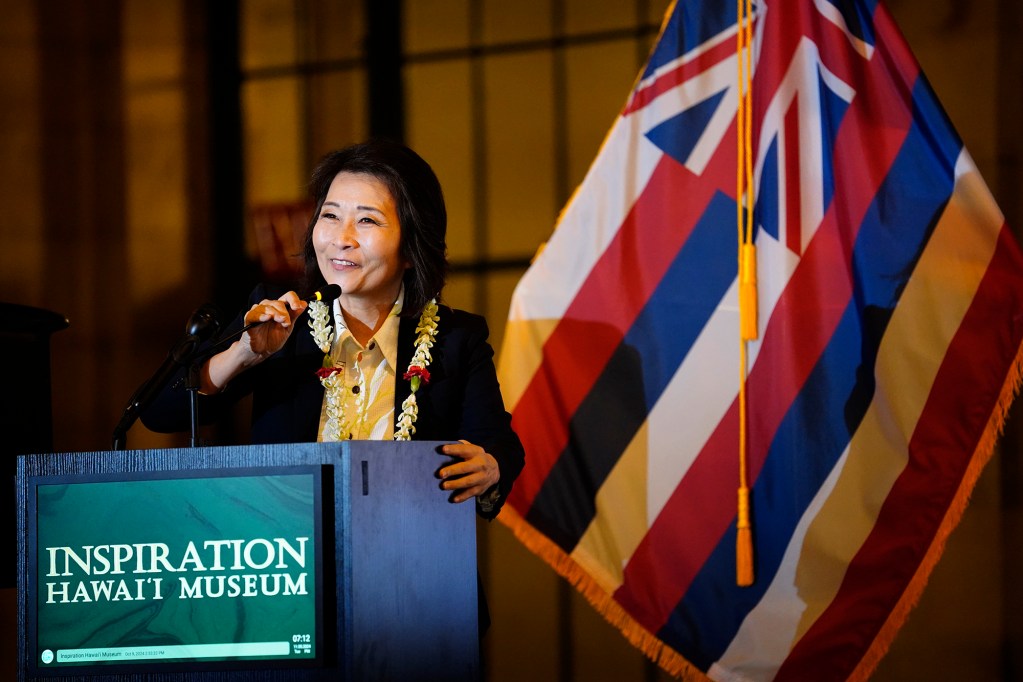 Hawaii Lt. Gov. Sylvia Luke speaks during the Democrat election night watch party Tuesday, Nov. 5, 2024, in Honolulu. (Kevin Fujii/Civil Beat/2024)