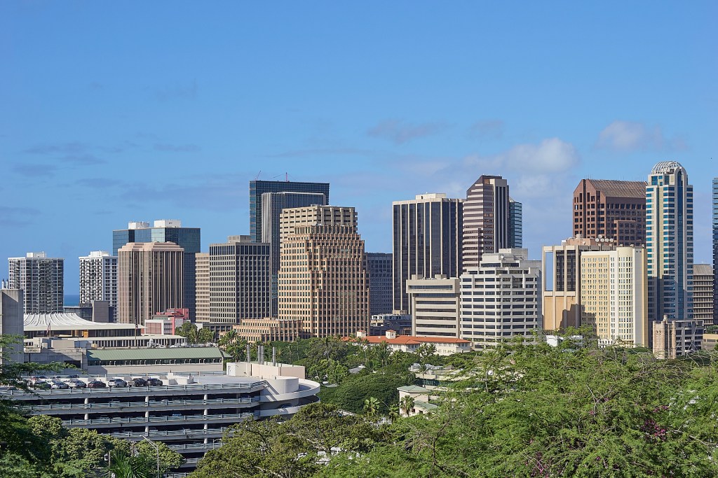 Two Honolulu Downtown views from Prospect Street showing Queens Parking structure and the core of downtown.(David Croxford/Civil Beat/2024)