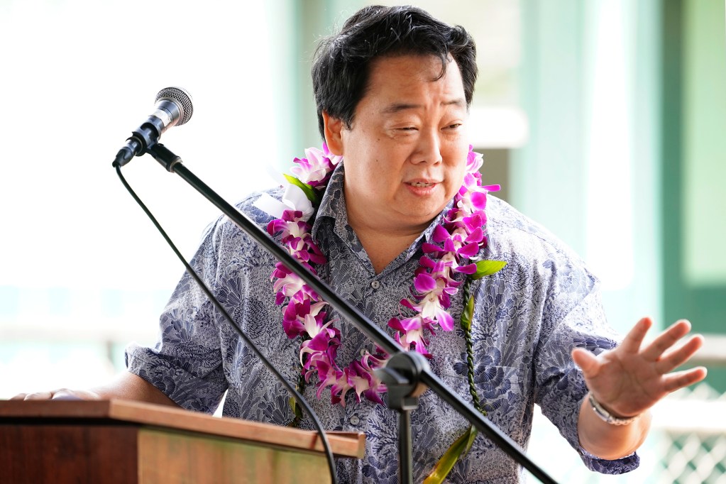 Department of Human Services (DHS) Director Ryan Yamane tells gathered legislators he won’t ask for more money at the new Waiawa Correctional Facility ‘Ohana Visit and Resource Center opening Monday, Nov. 18, 2024, in Pearl City. The center offers inmates a place to meet with family including keiki and grandchildren. (Kevin Fujii/Civil Beat/2024)