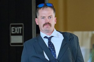 Former Dep. Sheriff Gregory Bergman (moustache) leaves First District Court following a day in court for the lawsuit filed against him and the State Of Hawaii SheriffÕs Dept., by the family of the man he fatally shot at the State Capital building in February 2019. (David Croxford/Civil Beat/2024)