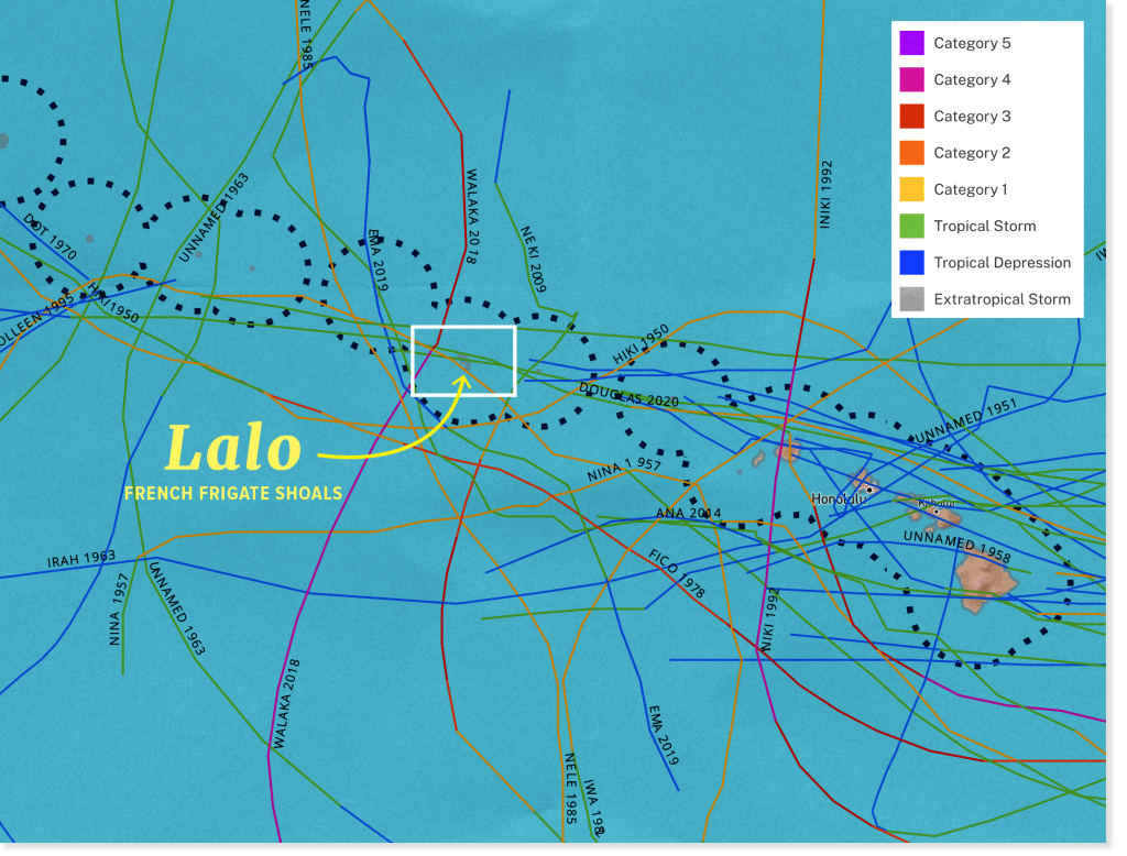 Map showing the historical hurricane tracks in the Main and Northwestern Hawaiian Islands.
