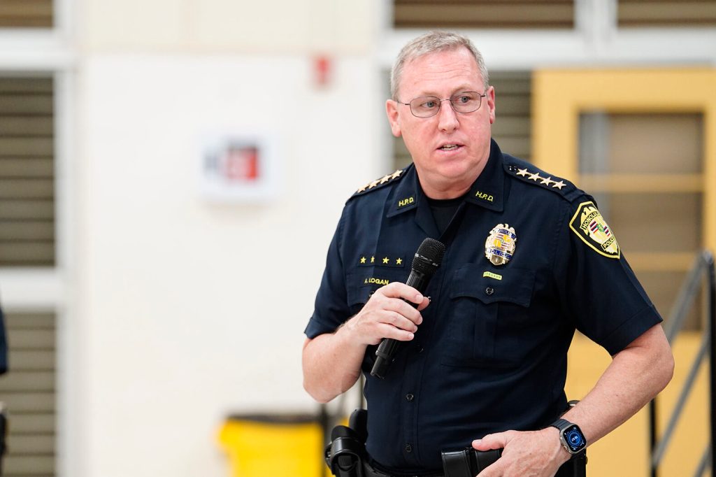 Honolulu Police Department Chief Joe Logan speaks during a West Oahu Town Hall on public safety Monday, Sept. 16, 2024, at Nanakuli High and Intermediate School in Waianae. State Rep. Darius Kila hosted the town hall with community members and law enforcement. (Kevin Fujii/Civil Beat/2024)