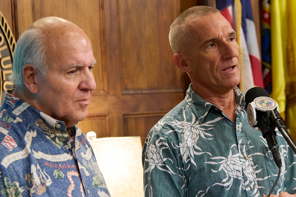 New Landfill location named, Mayor Rick Blangiardi along with others from his administration held a Press Conference at 12.30pm in the Honolulu Hale Offices to announce the location of the proposed new landfill for Oahu.  The location is proposed along Kamehameha Hwy on what is now Dole Plantation land just north of Wahiawa.
(David Croxford/Civil Beat/2024)