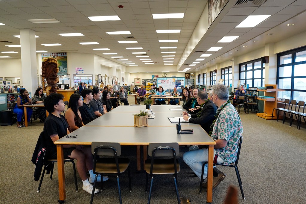 Lahainaluna High School student leaders meet with U.S. Department of Education Sec. Miguel Cardona and Hawaii DOE Superintendent Keith Hayashi Friday, Dec. 6, 2024, in Lahaina. (Kevin Fujii/Civil Beat/2024)