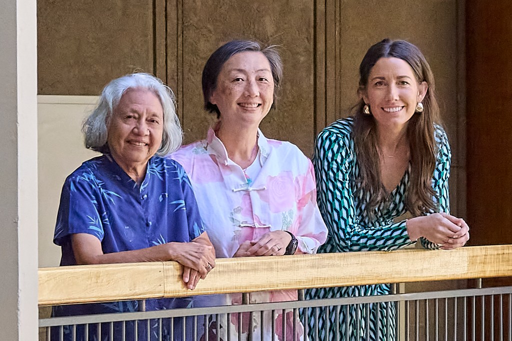 (L) Dr. Amy Agbayani, (C) Sandy Ma and (R) Liza Ryan Gill of the Hawaii Coalition for Immigrant Rights photographed at the State Capital Building following their meeting with legislators. (David Croxford/Civil Beat/2024)