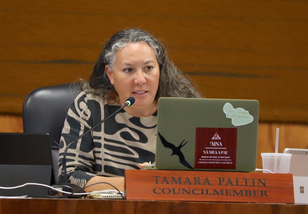 Maui County Council member Tamara Paltin at a committee meeting. (Léo Azambuja/Civil Beat 2024)
