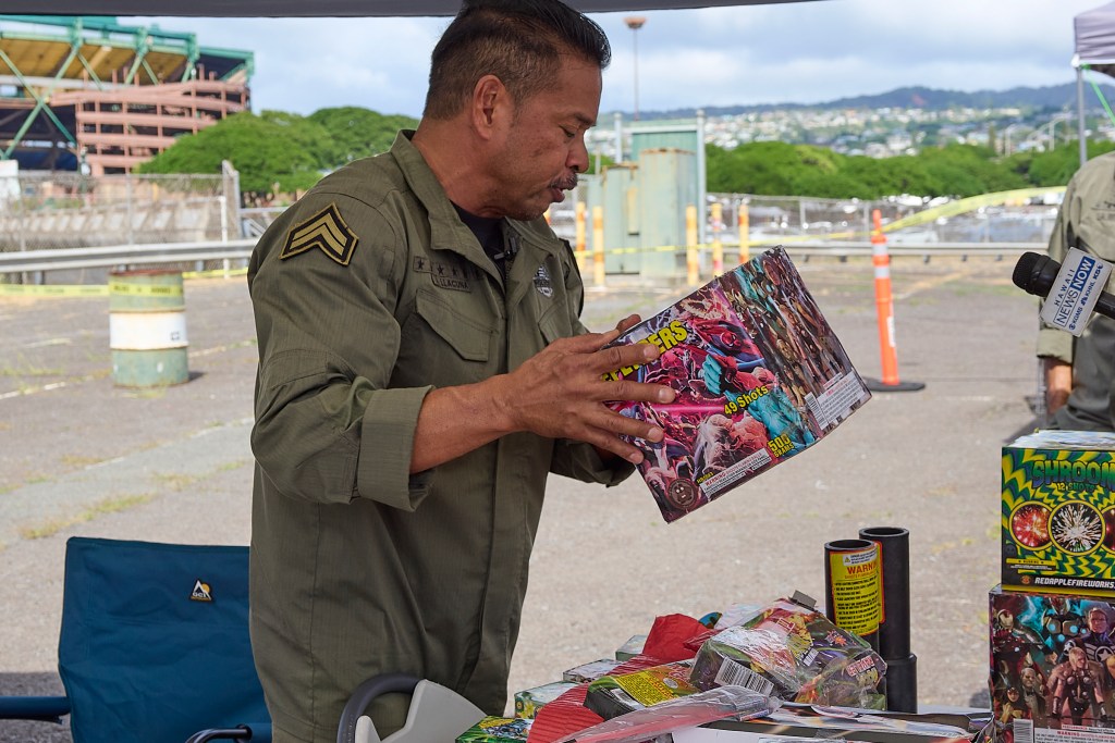 In light of the tragic loss of life at an Aliamanu Fireworks party on New Years evening, the Dept of Law Enforcement under the Direction of Jordan Lowe and in conjunction with HPD Bomb squad and various other state and local agencies conducted a Fireworks Amnesty event at Aloha Stadium on Saturday January 11th and invited the public to turn in any illegal fireworks with no questions asked.  Both professionally manufactured and self made elements were turned in to agents who sorted and packed the fireworks for disposal at a later date. (David Croxford/Civil Beat/2025)