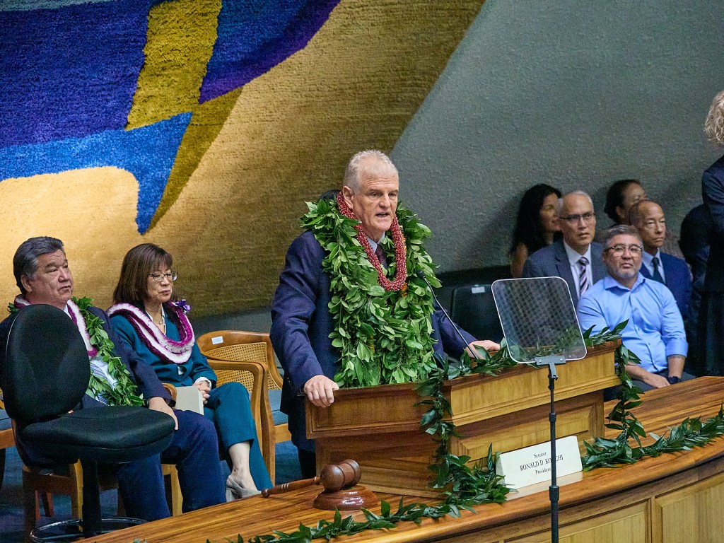 Views from the State of the Judiciary address January 23rd, 2025 given by Chief Justice Mark E. Recktenwald during a joint session of the House of Representatives and the Senate in the Senate Chamber.(David Croxford/Civil Beat/2025)