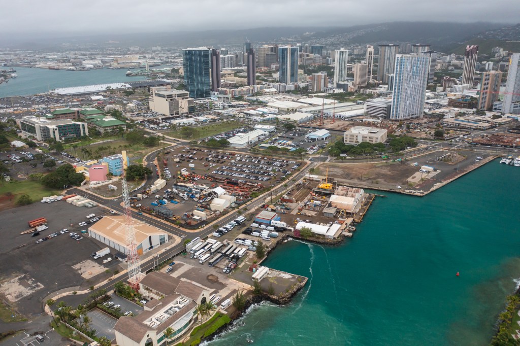 Aerial view of the Kakaʻako waterfront where OHA owns several parcels of land.