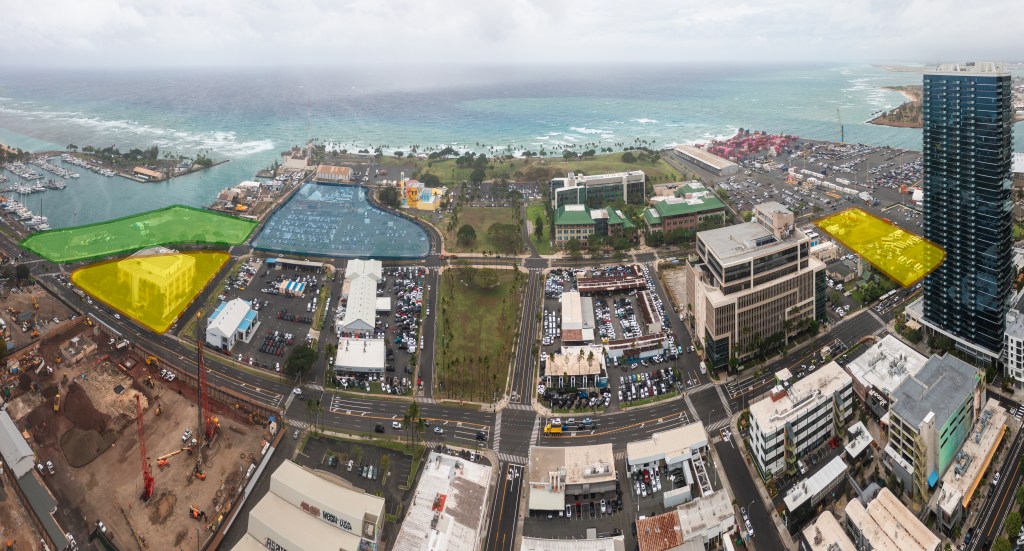 Aerial view of the Kakaʻako waterfront highlighting the various parcels owned by OHA.
