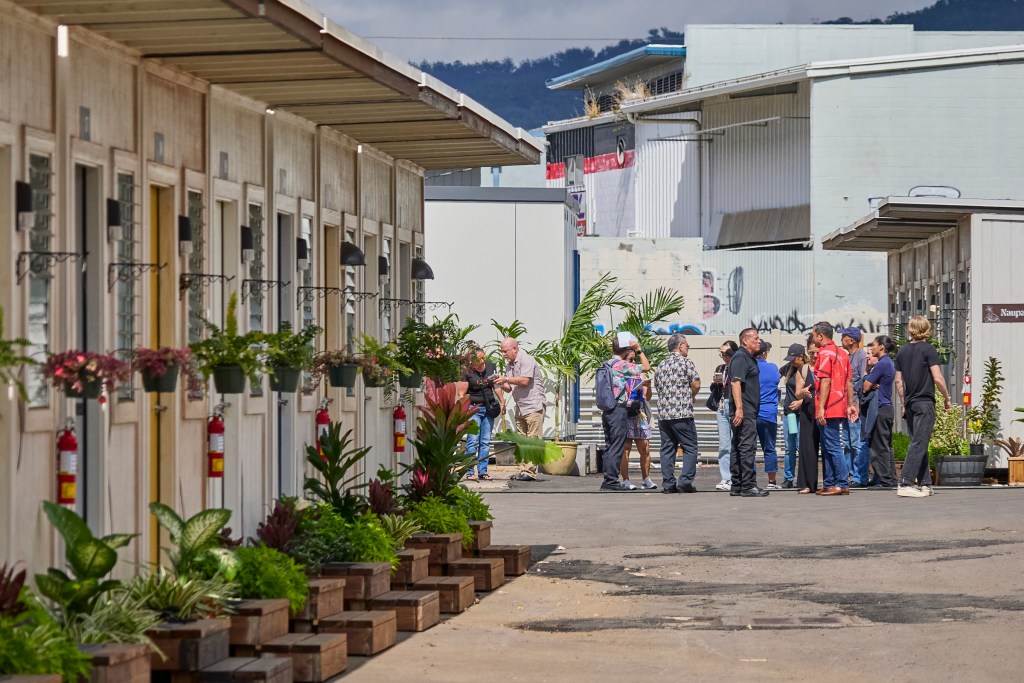 Former State Representative John Mizuno and Honolulu Councilman Tyler Dos Santos-Tam conducted a tour of one of the at  ALANA OLA PONO KAUHALE (David Croxford/Civil Beat/2025)