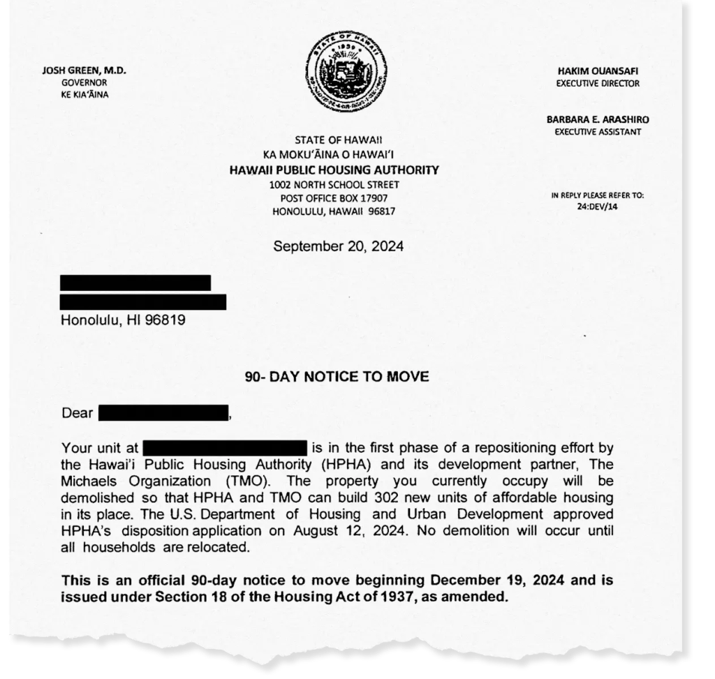 The top of a letter sent by the Hawaiʻi Public Housing Authority to residents of Kūhiō Park Terrace notifying them that they have 90 days to move.