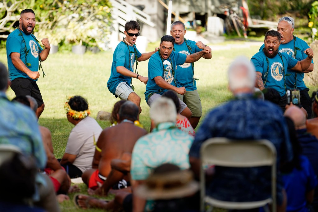 Aotearoa crew members perform a haka during their introduction at the Polynesian Voyaging Society’s Ke Kahua o Hōkūle‘a - The Foundation of Hōkūleʻa - Thursday, March 6, 2025, in Honolulu. (Kevin Fujii/Civil Beat/2025)
