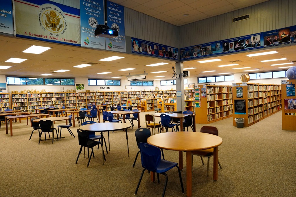 Waiākae High School library is photographed Monday, March 10, 2025, in Hilo. (Kevin Fujii/Civil Beat/2025)