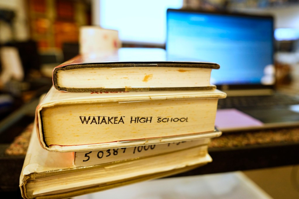 Waiākae High School library books are photographed Monday, March 10, 2025, in Hilo. (Kevin Fujii/Civil Beat/2025)