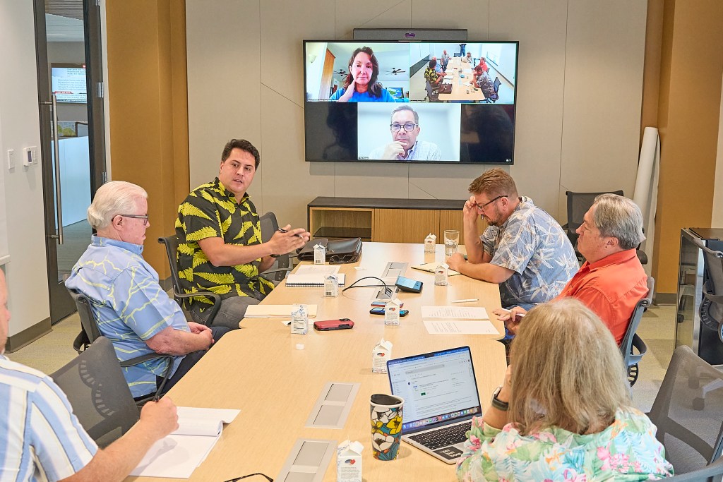 Jerry Gibson, President of the Hawaii Hotel Alliance and GM of the Waikiki Beach Marriott Resort and Spa along with Kekoa McClellan  from the McClellan Group met with the Civil Beat Editorial Board at their offices on March 12th to discuss various subjects including the impact of federal cuts and increased taxation on the hotel industry. (David Croxford/Civil Beat/2025)