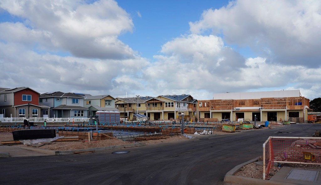 Homes are in various stages of completion at Ka’ulu by Gentry are photographed Thursday, March 13, 2025, in Kapolei. Houses mauka of these units are occupied. (Kevin Fujii/Civil Beat/2025)