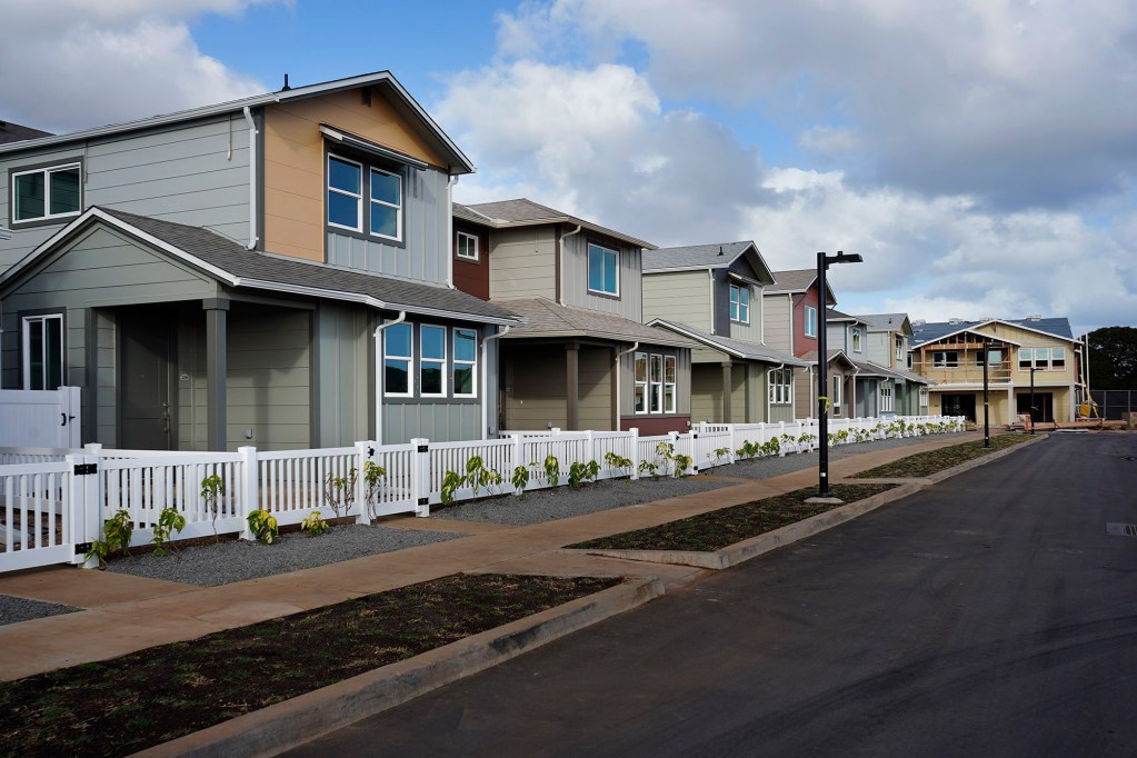 Homes are in various stages of completion at Ka’ulu by Gentry are photographed Thursday, March 13, 2025, in Kapolei. Houses mauka of these units are occupied. (Kevin Fujii/Civil Beat/2025)