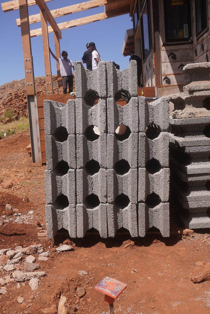 Surf Block Maui is building new homes in the Lahaina Maui fire zone. The main construction elements are insulated composite concrete forms (ICCFs) similar to regular blocks but made from reconstituted waste surf board material.  Photographed March 14th, 2025 at 305 Luawai Street, Lahaina (Courtesy Photo/Civil Beat/2025)