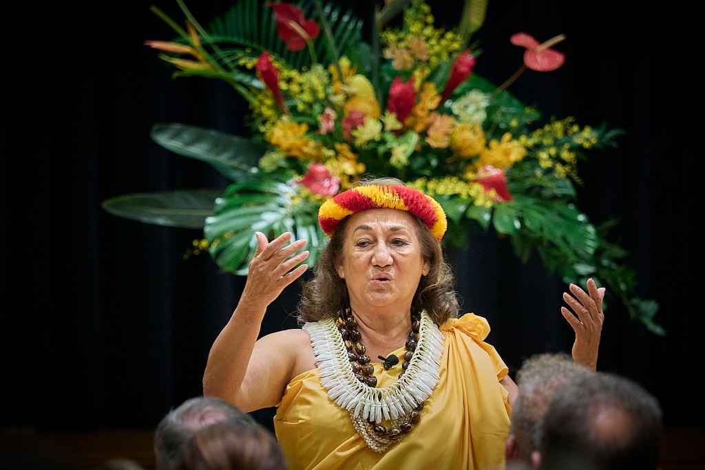 Kumu Hula Vicky Holt Takamine opens the festivities at the State Of The City address with her 'Oli. at Mission Auditorium on March 18th, 2025 David Croxford/Civil Beat/2025