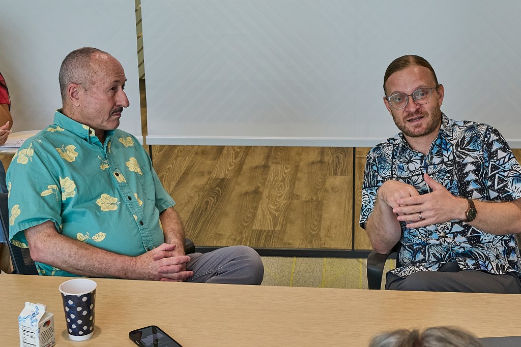 At the Economics Editorial Board Meeting held on Tuesday March 18th at Civil Beat HQ, UHERO Economists Sumner La Croix (Green Aloha Shirt) and Steven Bond-Smith (Blue Aloha Shirt) sat down to discuss both local and national concerns surrounding the present day economy and the impacts that might come as a result of Tariffs and other Trump Administration policies. (David Croxford/Civil Beat/2025)