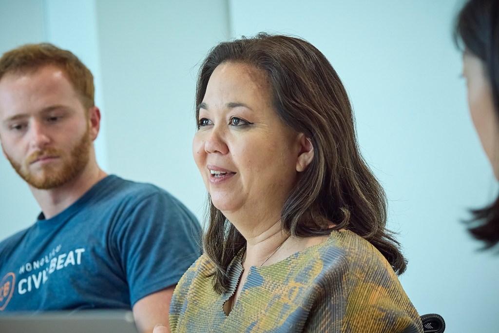 Congresswoman Jill Tokuda attended an Editorial Board Meeting at Honolulu Civil Beat headquarters in Kaimuki.  She answered questions relating to Hawaii and the present federal funding climate under the Trump administration’s DOGE cuts. (David Croxford/Civil Beat/2025)