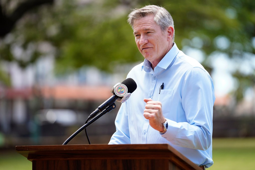 Honolulu City Council Chair Tommy Waters speaks during Mayor Rick Blangiardi’s news briefing requesting more homeless advocates Tuesday, April 15, 2025, at A’ala Park in Honolulu. (Kevin Fujii/Civil Beat/2025)