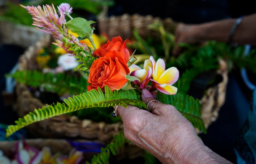 Alisa Castleton selects flowers and greens for her lei po’o Saturday, April 19, 2025, in Kīhei. “Get more flowers than you think you’ll need.” Lei Maui’s Caitlyn Madrid said during the workshop. (Kevin Fujii/Civil Beat/2025)