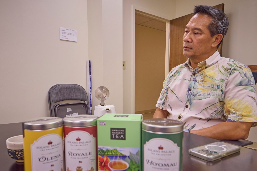 Byron Goo processes Mamaki Tea into pure 100% Mamaki Tea as well as blends that include Mint and other herbs and spices.  A new bill presently on the Governor’s Desk for signing would eliminate Goo’s ability to see the blends and place his entire business into a precarious situation, possibly forcing it’s closure.(David Croxford/Civil Beat/2025)