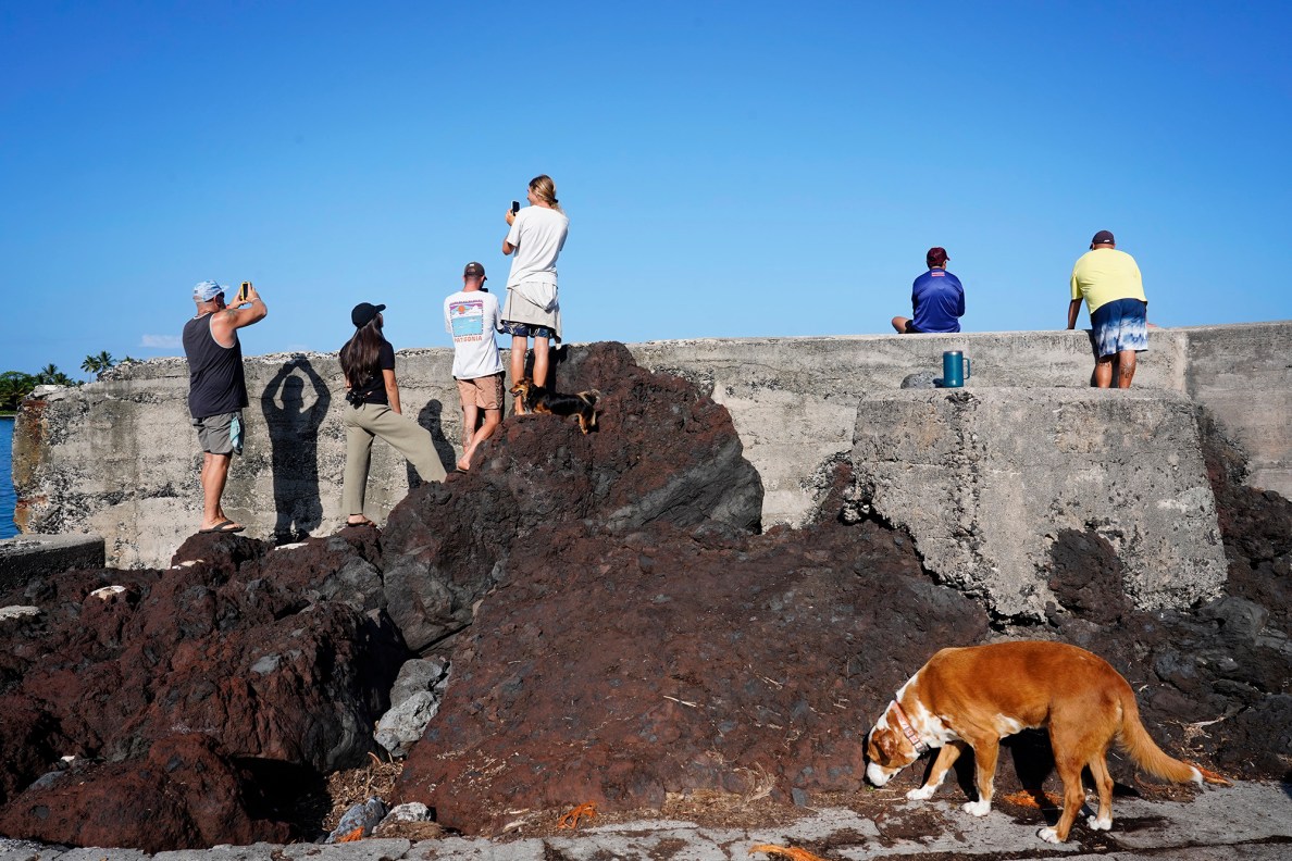 Supporters take pictures of the divers heading out on the water for the historic Kealakekua Bay Non-Native I‘a (fish) Removal Event while a diver’s dog checks out Nāpoʻopoʻo Wharf Sunday, May 18, 2025, in Captain Cook. It’s the first time since 1969 spearfishing has been allowed in Kealakekua Bay. (Kevin Fujii/Civil Beat/2025)