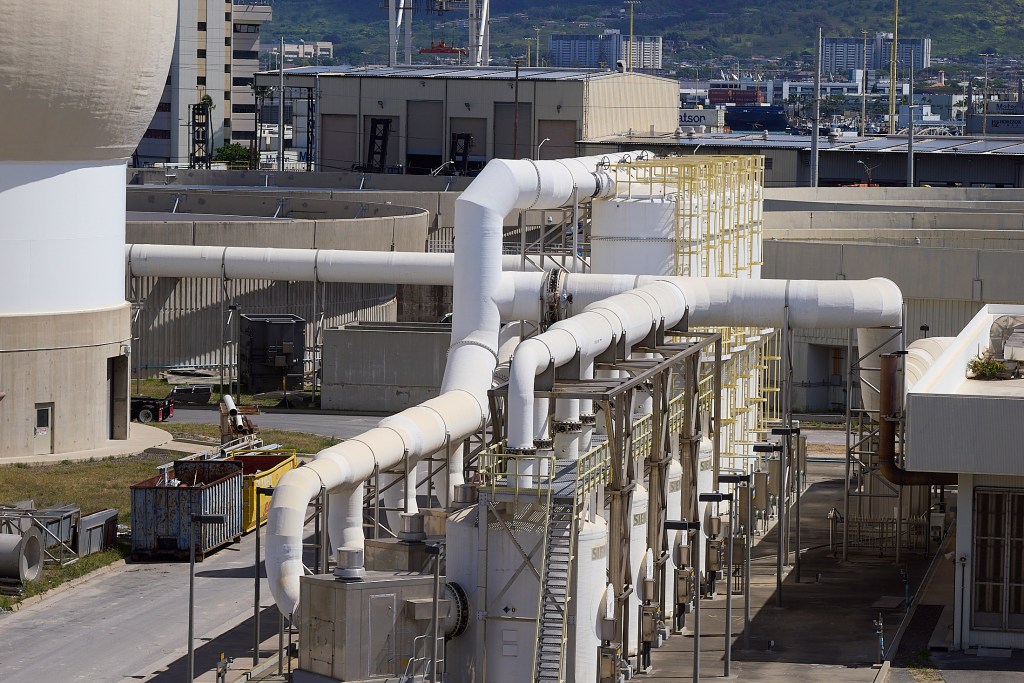 The Sand Island Waste Water Treatment plant is undergoing some renovations and updates that will keep it at the forefront of technology for the state.  Photographed May 19th(David Croxford/Civil Beat/2025)