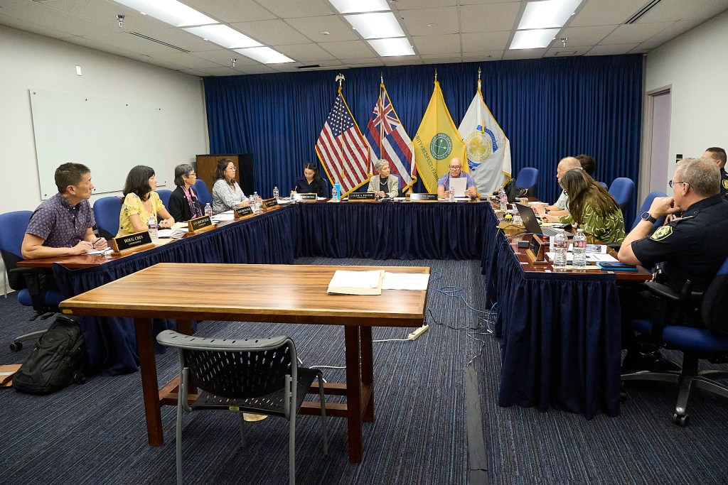 Images made at the June 4th HPD Police Commissioners meeting showing the size of the room and its normal seating capacity. Chief Arthur 'Joe' Logan gave his operational report an his administration report to the commissioners in attendance.(David Croxford/Civil Beat/2025)
