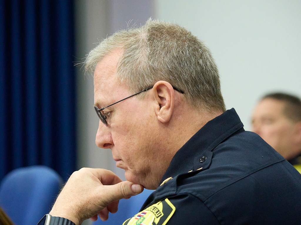 Images made at the June 4th HPD Police Commissioners meeting showing the size of the room and its normal seating capacity. Chief Arthur 'Joe' Logan gave his operational report an his administration report to the commissioners in attendance.(David Croxford/Civil Beat/2025)