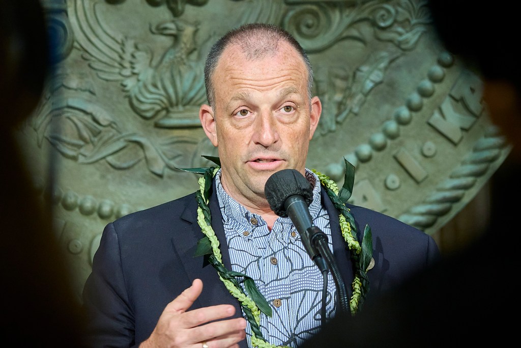 Governor Josh Green appears at a press conference held at his offices on June 30th, 2025 to sign bills pertaining to the prosecution of laws enforcing control of illegal fireworks.  Comments were also brought by Chief Mike Lambert the Director of the Department of Law Enforcement (David Croxford/Civil Beat/2025)