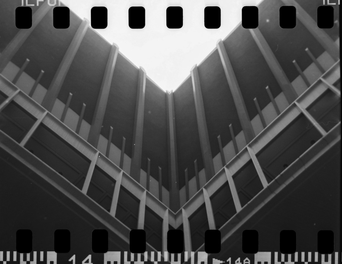 The ceiling of the Hawaiʻi State Capitol is photographed with 35mm film in a Holga for a test shoot Friday, June 27, 2025, around Honolulu. (Kevin Fujii/Civil Beat/2025)