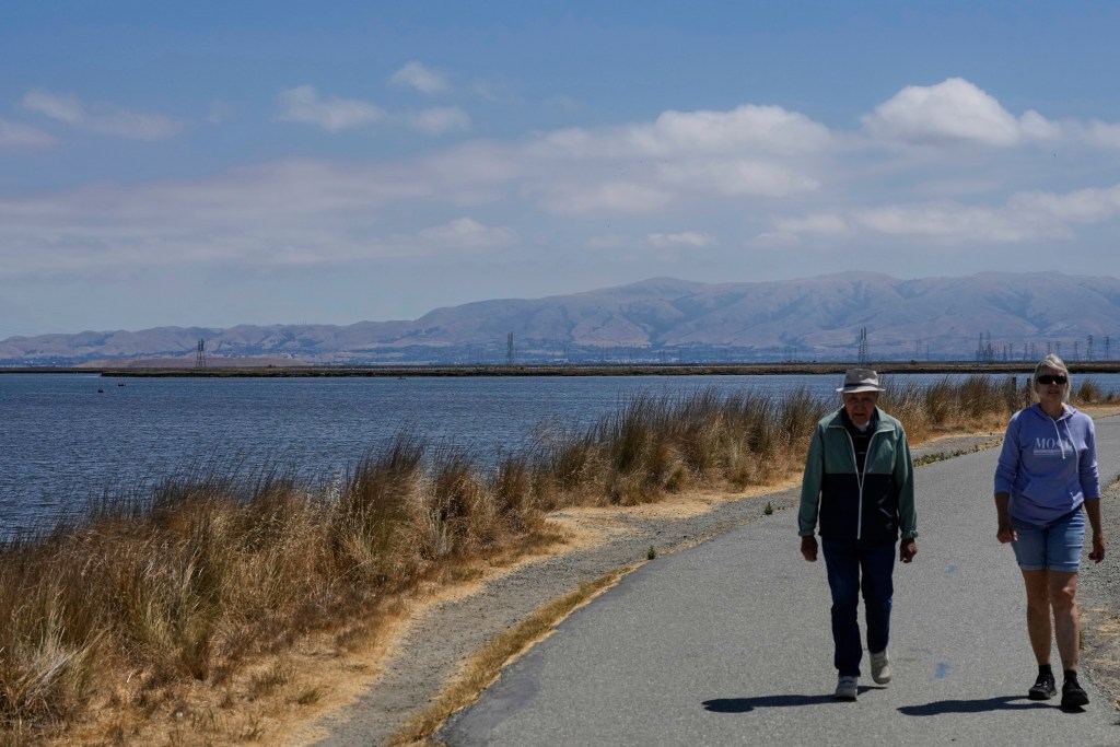 People walk on a trail next to Pond A1 in Mountain View, Calif., Thursday, July 24, 2025. (AP Photo/Godofredo A. Vásquez)