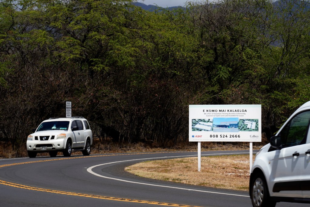 A Kalaeloa development sign is posted where Geiger Road ends and the curve turns the road into Franklin D Roosevelt Avenue leading toward the Kalaeloa area Tuesday, Sept. 9, 2025, in Kapolei. (Kevin Fujii/Civil Beat/2025)