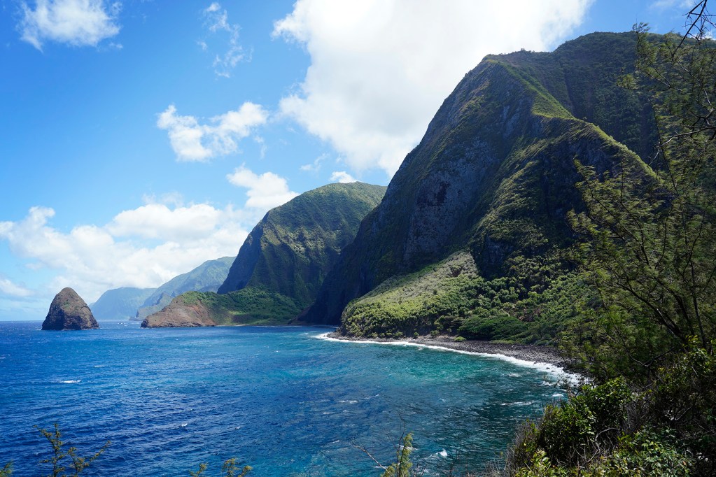 Kalaupapa Saints Tour stops at Judd Park Thursday, Sept. 18, 2025, in Kalaupapa. These pali offer the quintessential view of the rugged north shore of Molokaʻi. (Kevin Fujii/Civil Beat/2025)