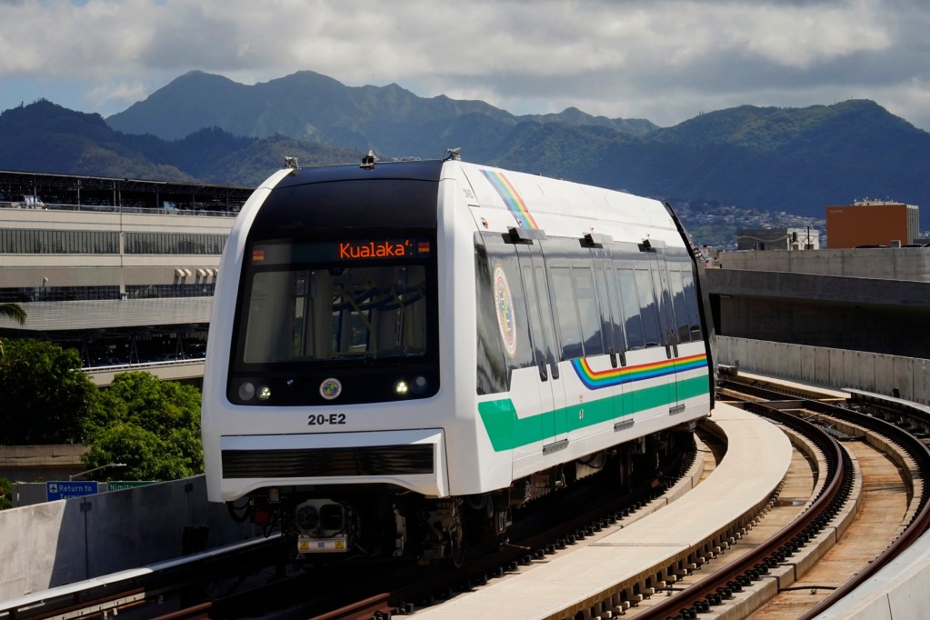 A Honolulu Authority for Rapid Transportation Skyline commuter train enters the Lelepaua - Daniel K. Inouye International Airport station along the new Section of the Skyline route Thursday, Oct. 9, 2025, in Honolulu. (Kevin Fujii/Civil Beat/2025)