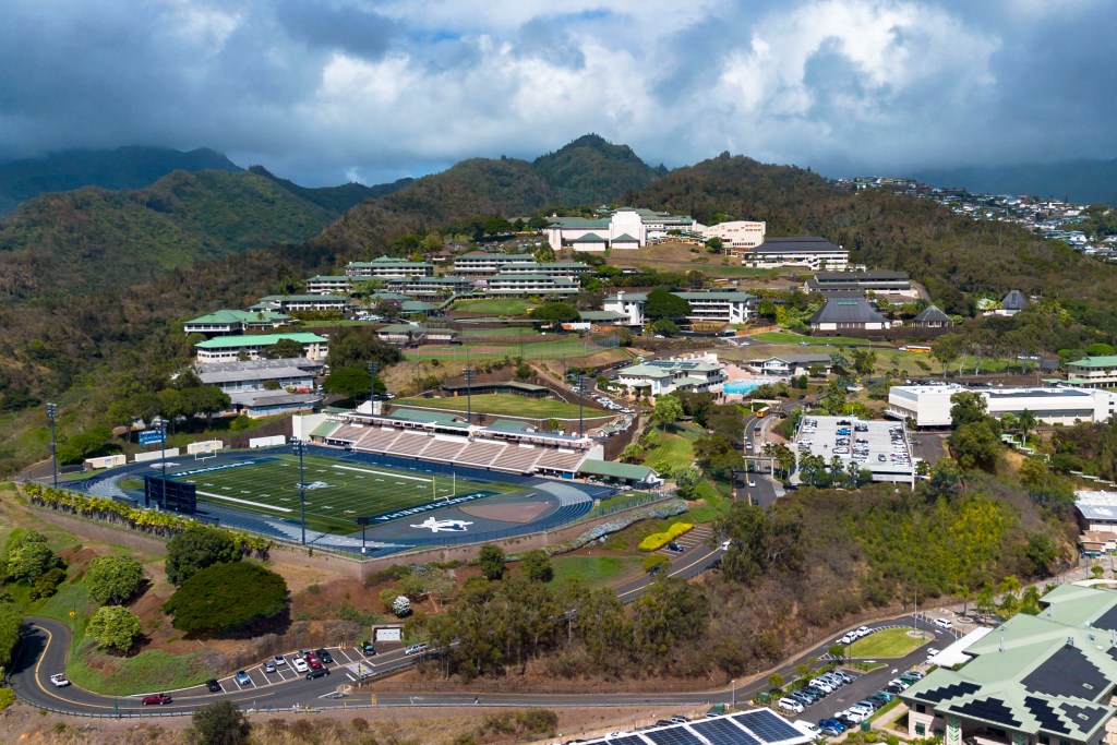 An aerial view shows the Kamehameha Schools campu in Honolulu, on Thursday, Sept. 11, 2025. (AP Photo/Mengshin Lin)