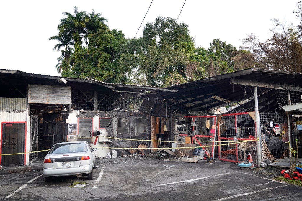 The aftermath of the former poi factor fire is photographed Tuesday, Dec. 16, 2025, in Hilo. Two women died at the former poi factory. (Kevin Fujii/Civil Beat/2025)