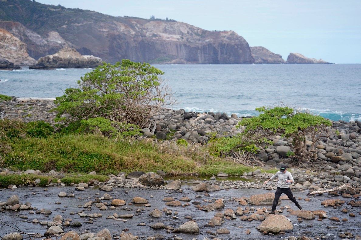 Maui Invasive Species Committee field crew Liam Andersen crosses the Waihe‘e River after checking for little fire ants on the opposite side of the Waihe'e Coastal Dunes and Wetlands Refuge Tuesday, Jan. 13, 2026, in Waihee-Waiehu. (Kevin Fujii/Civil Beat/2026)
