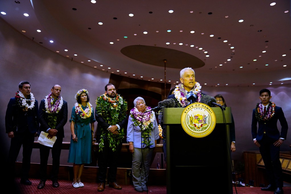 Rep. David Tarnas speaks during the Hawaiʻi State Legislature post-opening press briefing Wednesday, Jan. 21, 2026, in Honolulu. Others in attendance are Scot Matayoshi, Luke Evslin, Lisa Marten, Chris Todd, Dee Morikawa, Speaker Nadine Nakamura and Jackson Sayama. (Kevin Fujii/Civil Beat/2026)