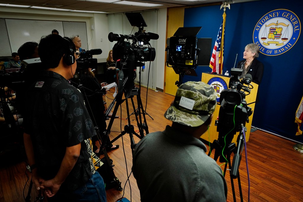Attorney General Anne Lopez briefs journalists in the ongoing case involving an influential legislator accepting $35,000 Friday, Feb. 13, 2026, in Honolulu. (Kevin Fujii/Civil Beat/2026)