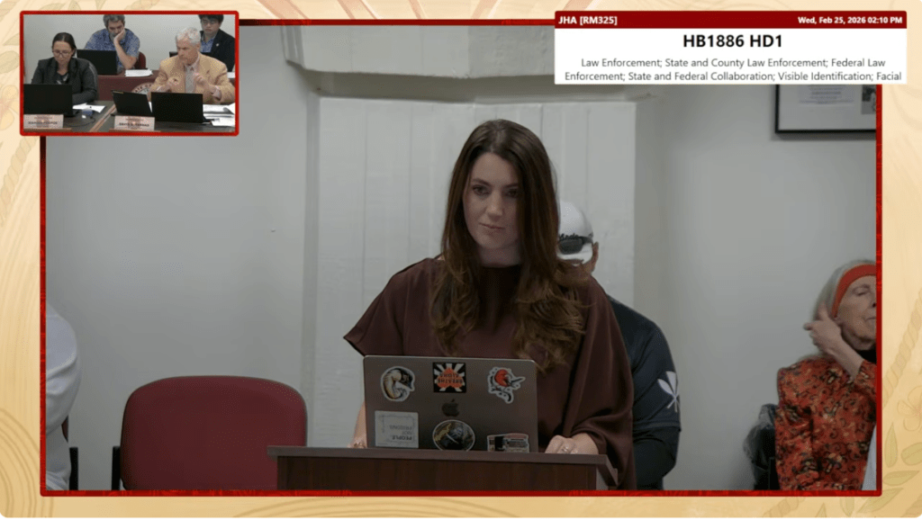 ACLU Policy Director Mandy Fernandes speaks at the House Judiciary and Hawaiian Affairs Committee.