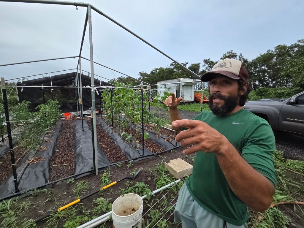 Eddie Oroyan at his farm at Kaʻena. Farm Lots. Virtually all of his 6 acre farm was underwater during the storm.