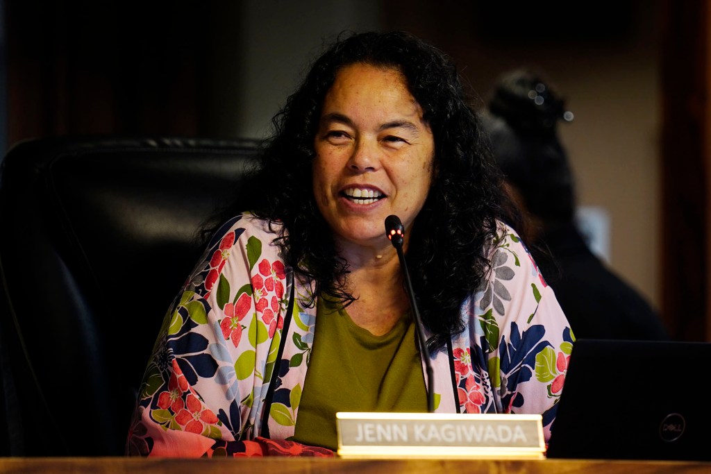 Hawaiʻi County Council member Jenn Kagiwada speaks before a vote during a meeting Tuesday, May 5, 2026, in Hilo. (Kevin Fujii/Civil Beat/2026)