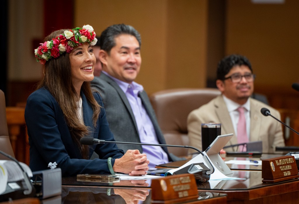 Councilmembers Val Aquino Okimoto, left, Scott Nishimoto and Augie Tulba at City Council chambers in Honolulu May 13, 2026. (Craig Fujii/Civil Beat/2026)